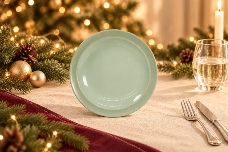 Christmas styling concept: Round dining plate. Warm festive table setting; product details to confirm.