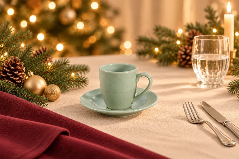 Christmas styling concept: Espresso cup & saucer. Warm festive table setting; product details to confirm.