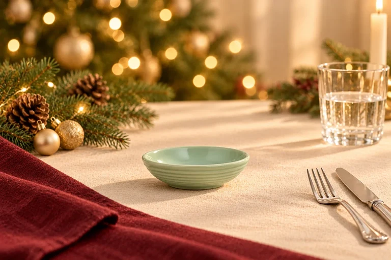 Christmas styling concept: Small sauce dish. Warm festive table setting; product details to confirm.