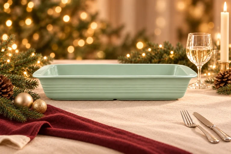 Christmas styling concept: Rectangular baking dish. Warm festive table setting; product details to confirm.
