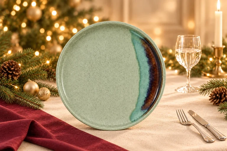 Christmas styling concept: Speckled glaze plate. Warm festive table setting; product details to confirm.