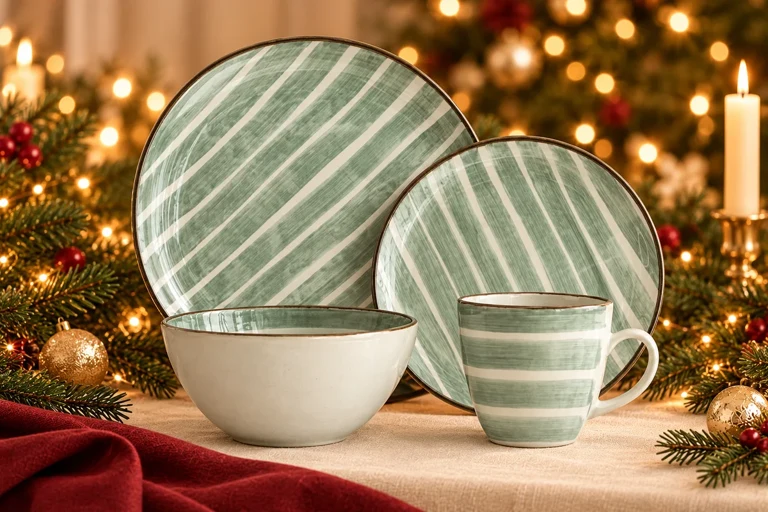 Christmas styling concept: Striped dining set. Warm festive table setting; product details to confirm.
