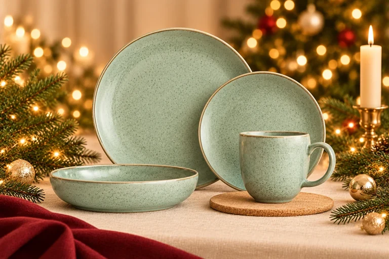 Christmas styling concept: Soft mottled dining set. Warm festive table setting; product details to confirm.
