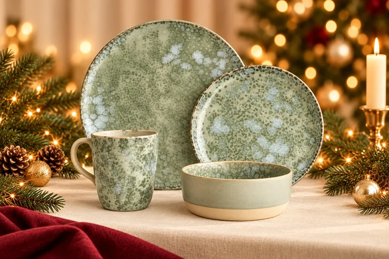 Christmas styling concept: Decorative glazed dining set. Warm festive table setting; product details to confirm.