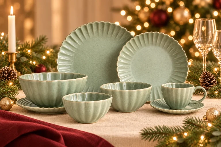 Christmas styling concept: Fluted dining set. Warm festive table setting; product details to confirm.