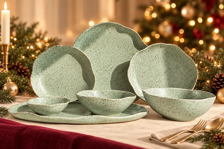 Christmas styling concept: Organic dining set. Warm festive table setting; product details to confirm.