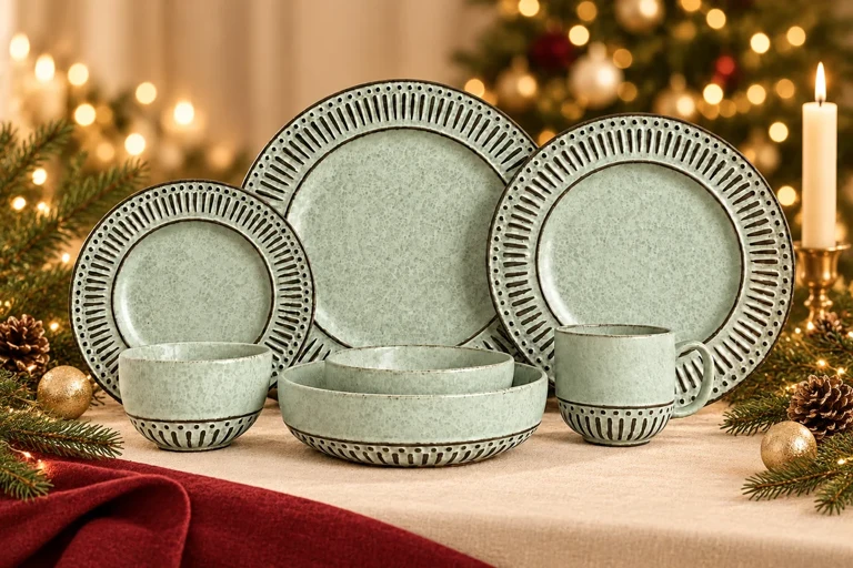 Christmas styling concept: Textured dining set. Warm festive table setting; product details to confirm.