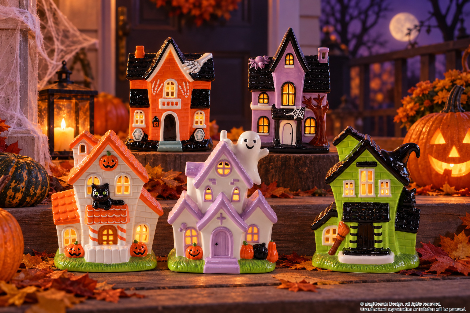 AI styling concept for five separate Halloween ceramic houses; product references remain the original photographs