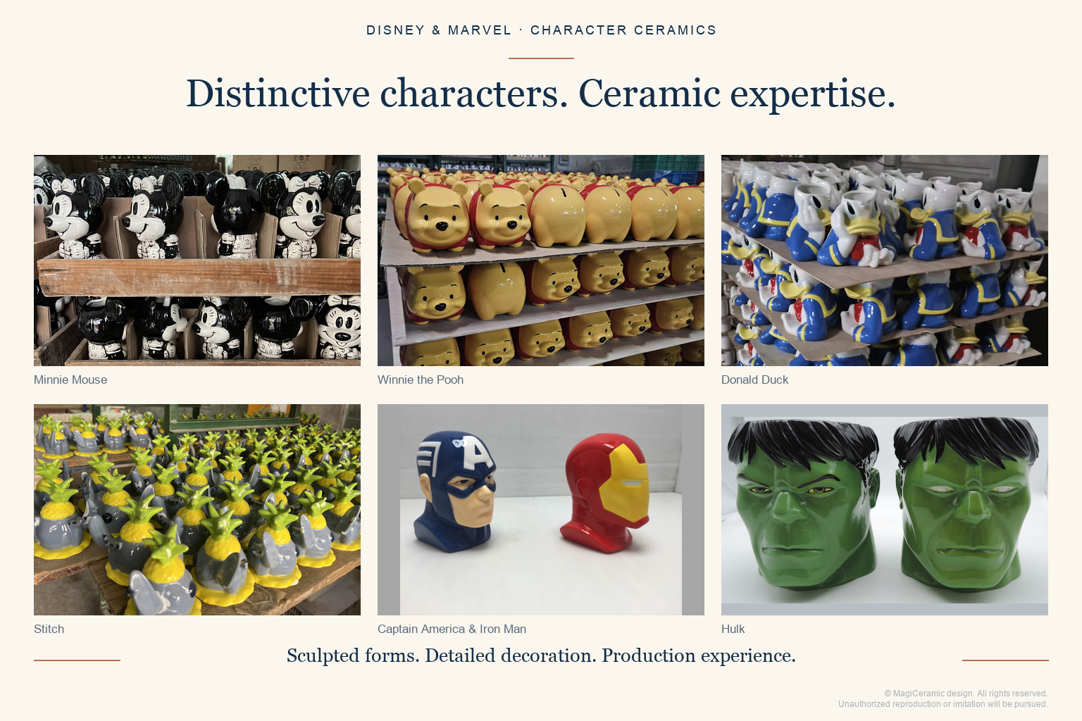 Six-photo composite showing Minnie Mouse, Winnie the Pooh, Donald Duck, Stitch, Captain America and Iron Man ceramic shakers, and Hulk ceramic jars