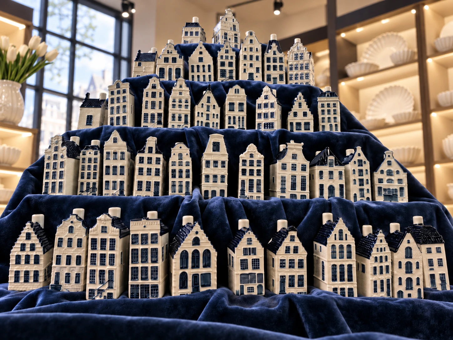 Blue-and-white ceramic houses arranged on tiered navy fabric in a showroom scene