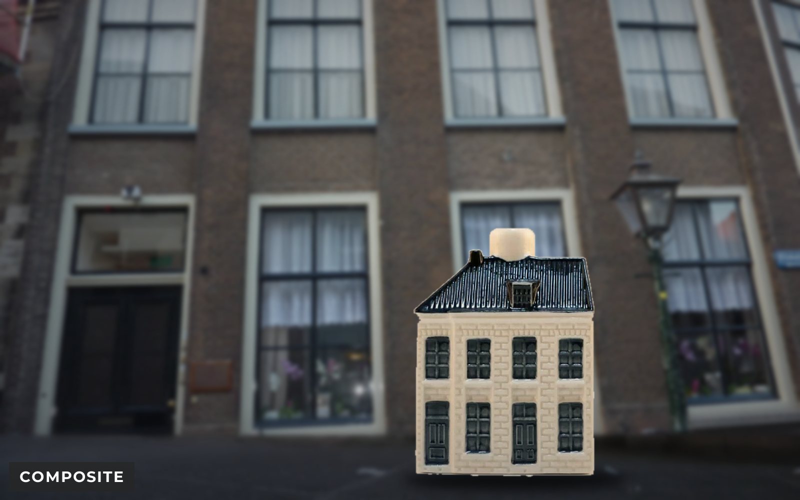 Composite showing a ceramic house model in front of its architectural reference