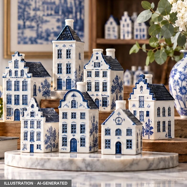 AI-generated illustration of blue-and-white miniature houses arranged on wooden risers and a round display base