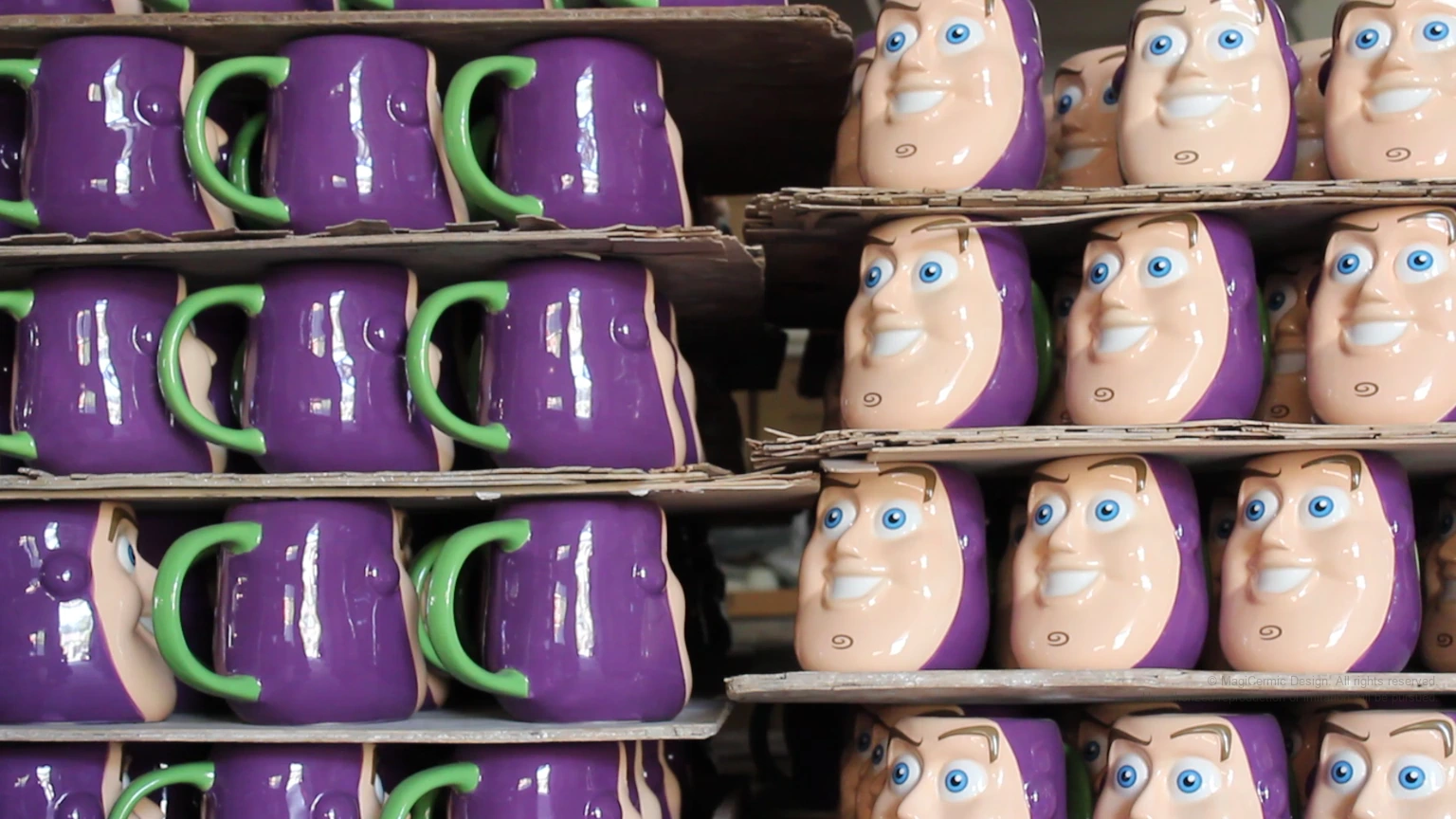 Rows of purple and green Buzz Lightyear character mugs beside character-shaped mugs on shelving