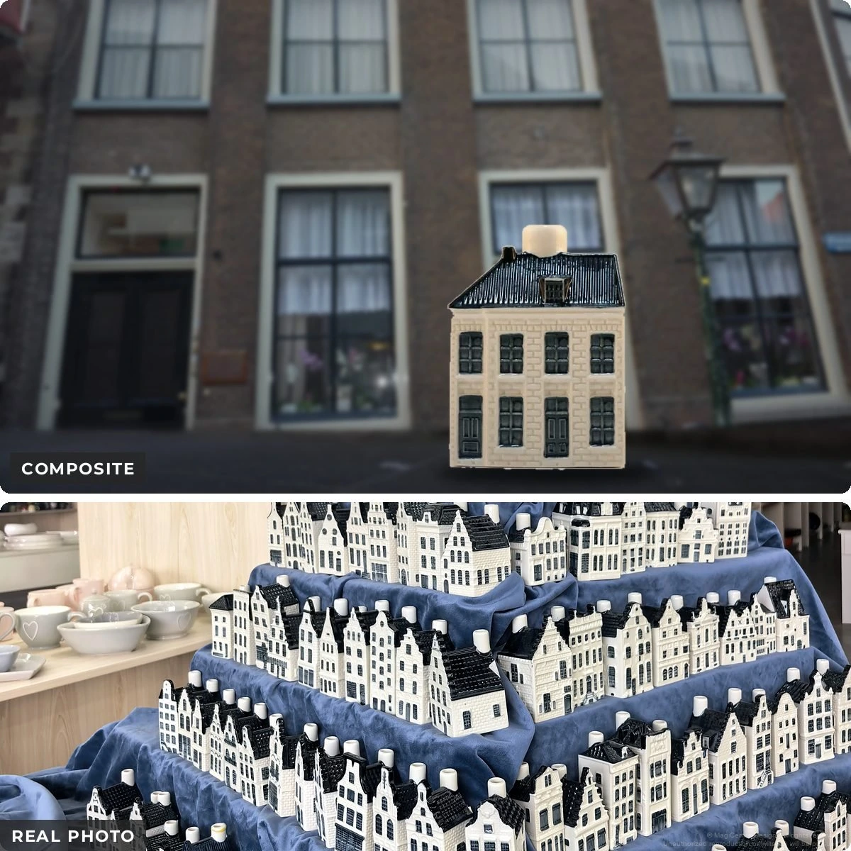 Composite of a Leiden house miniature against a street facade above a real showroom photograph of canal-house miniatures