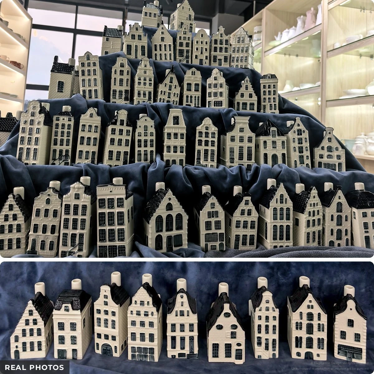 Real showroom photographs of rows of white miniature canal houses with dark blue roofs, arranged on tiered blue fabric displays