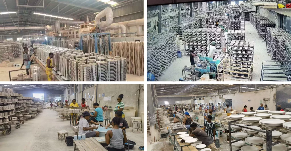 Four factory-floor views showing workers, stacks of plates and rows of ceramic ware on racks