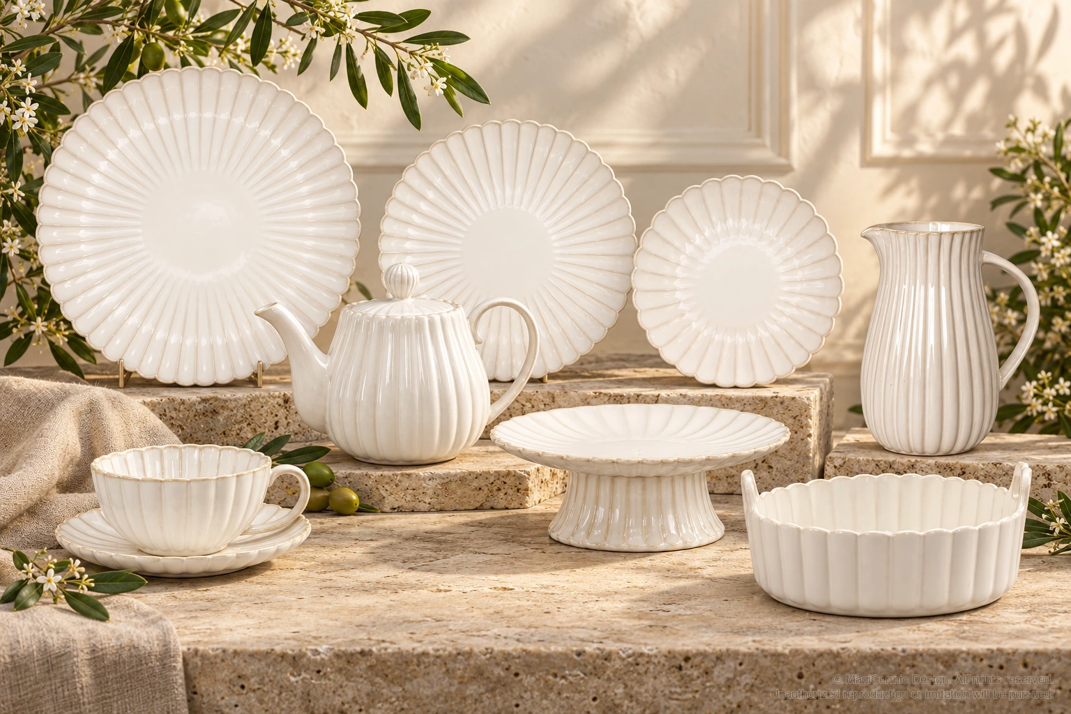 MGB fluted plates, teapot, tea cup, cake stand, casserole and pitcher in a warm floral Italian-inspired setting