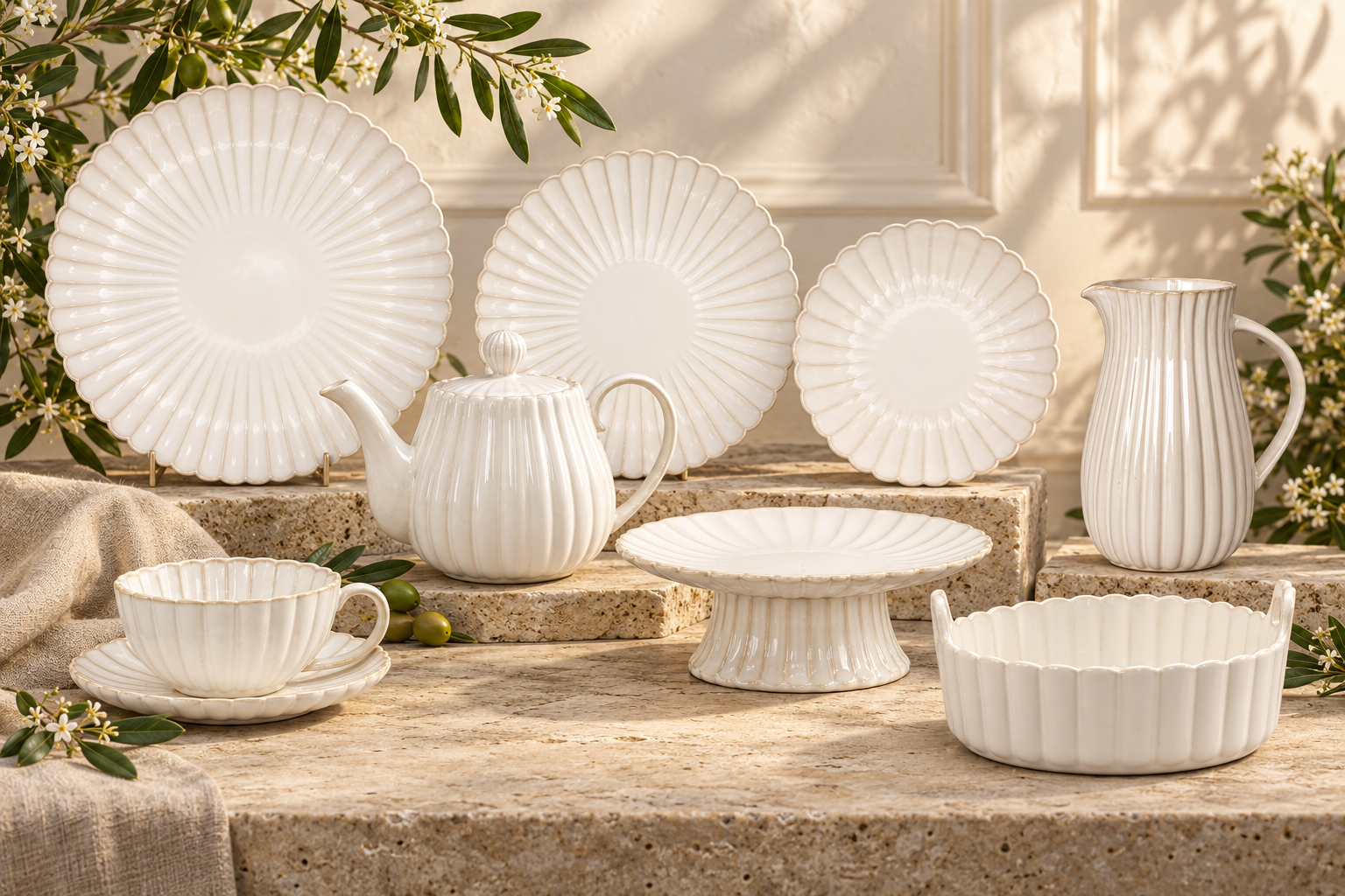 Styled floral table setting with coordinated MGB-inspired plates, teapot and serving pieces