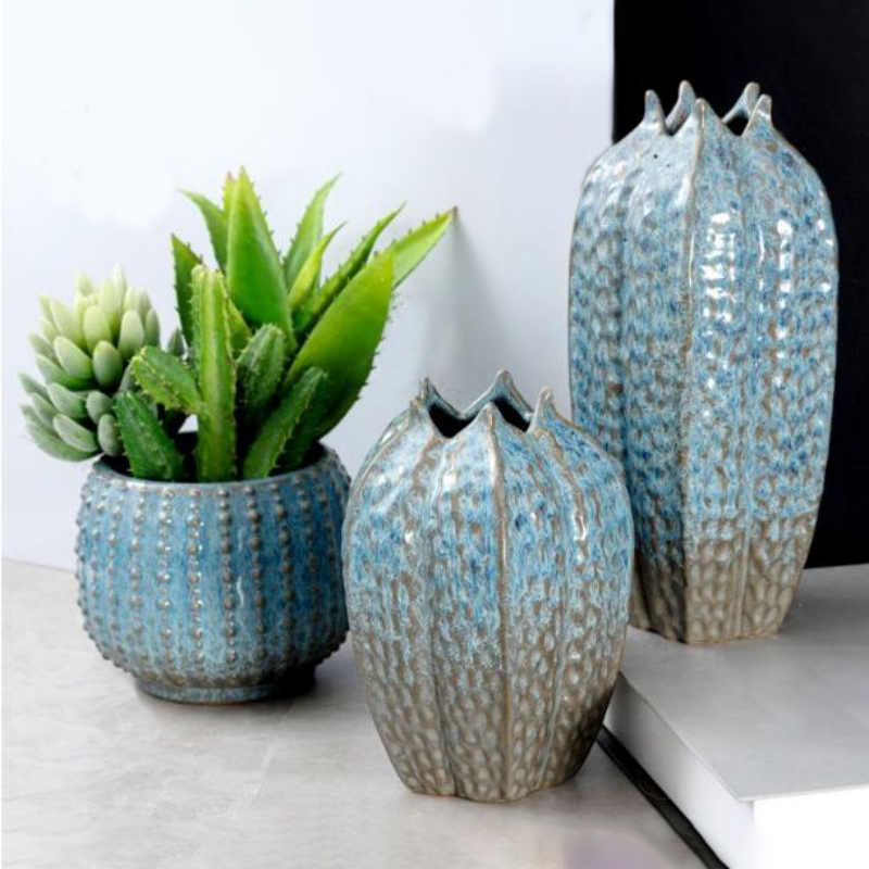 Blue textured ceramic vases