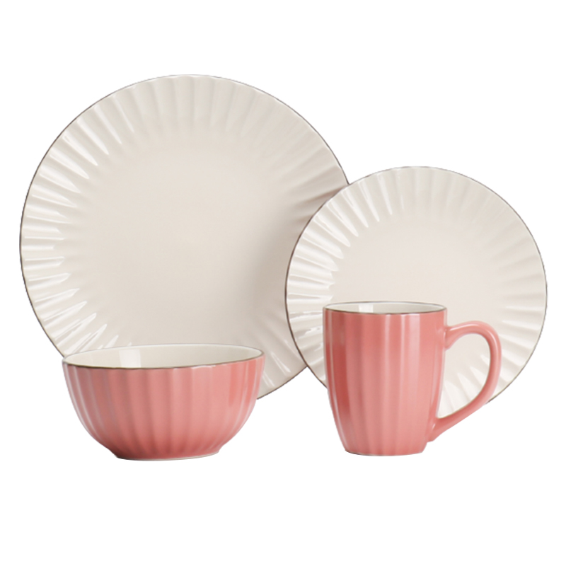 White fluted plates with coral bowl and mug