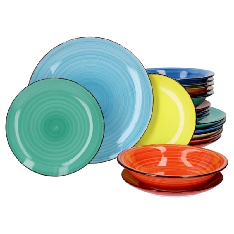 Brightly coloured plates, bowls and cup