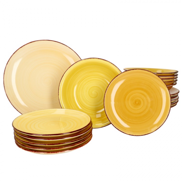 Yellow plates and bowl with brushed surface marks