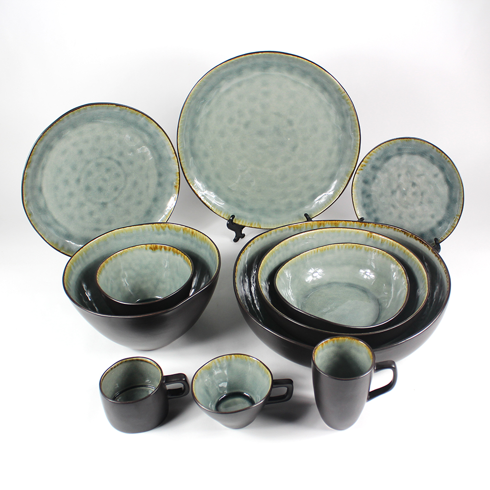 Coordinated grey-green reactive glaze stoneware dinnerware set